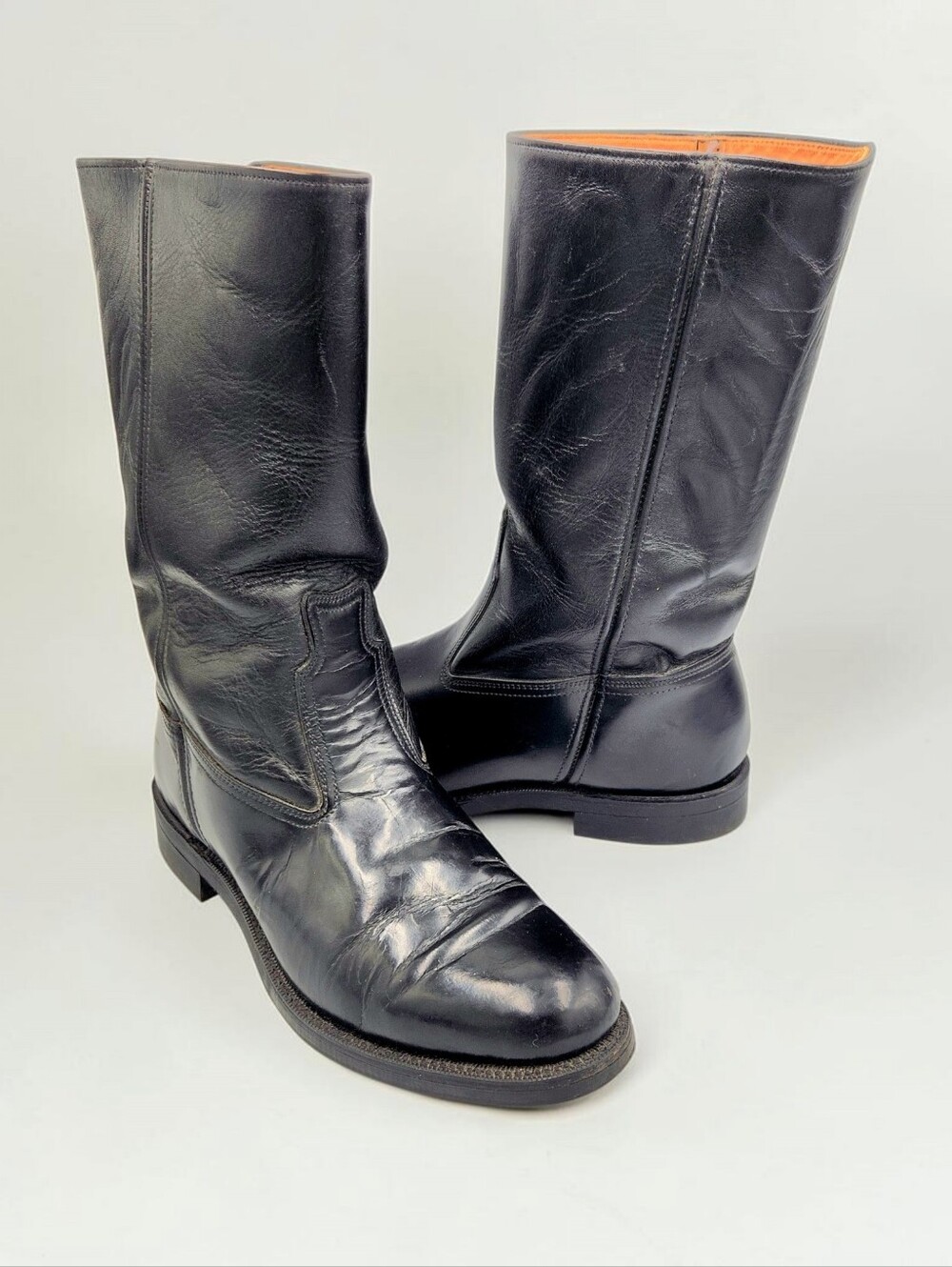 Vintage Bates Floataways Patrol Roper Boot Pull On Black Leather Men 11 Mid Calf